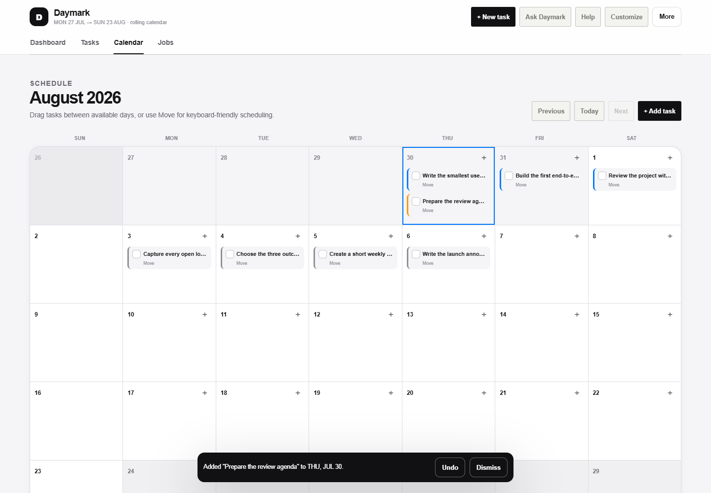 Daymark month calendar with drag scheduling and accessible move actions